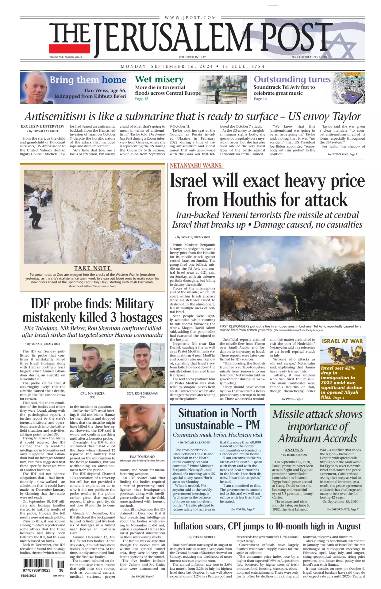 Prima-pagina-the jerusalem post-edizione-di-oggi-16-09-2024